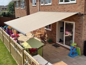 Beige domestic patio awning.